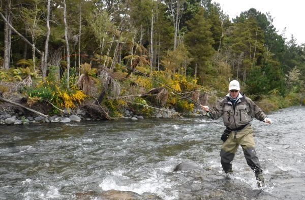 Simon hooked up on the dry and dropper in the upper river.